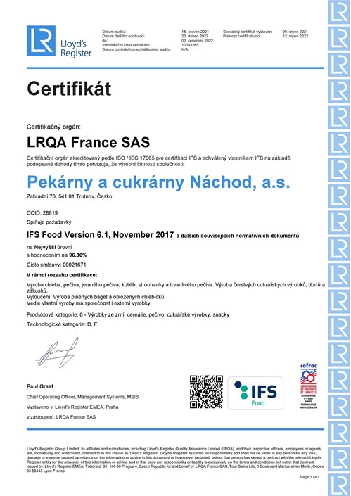 Certifikat IFS Trutnov 2021 CZ Page 001