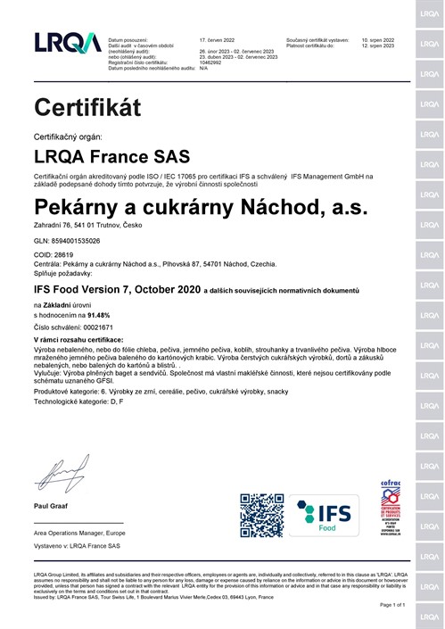 Certifikat IFS Trutnov 2022 CZ Page 001